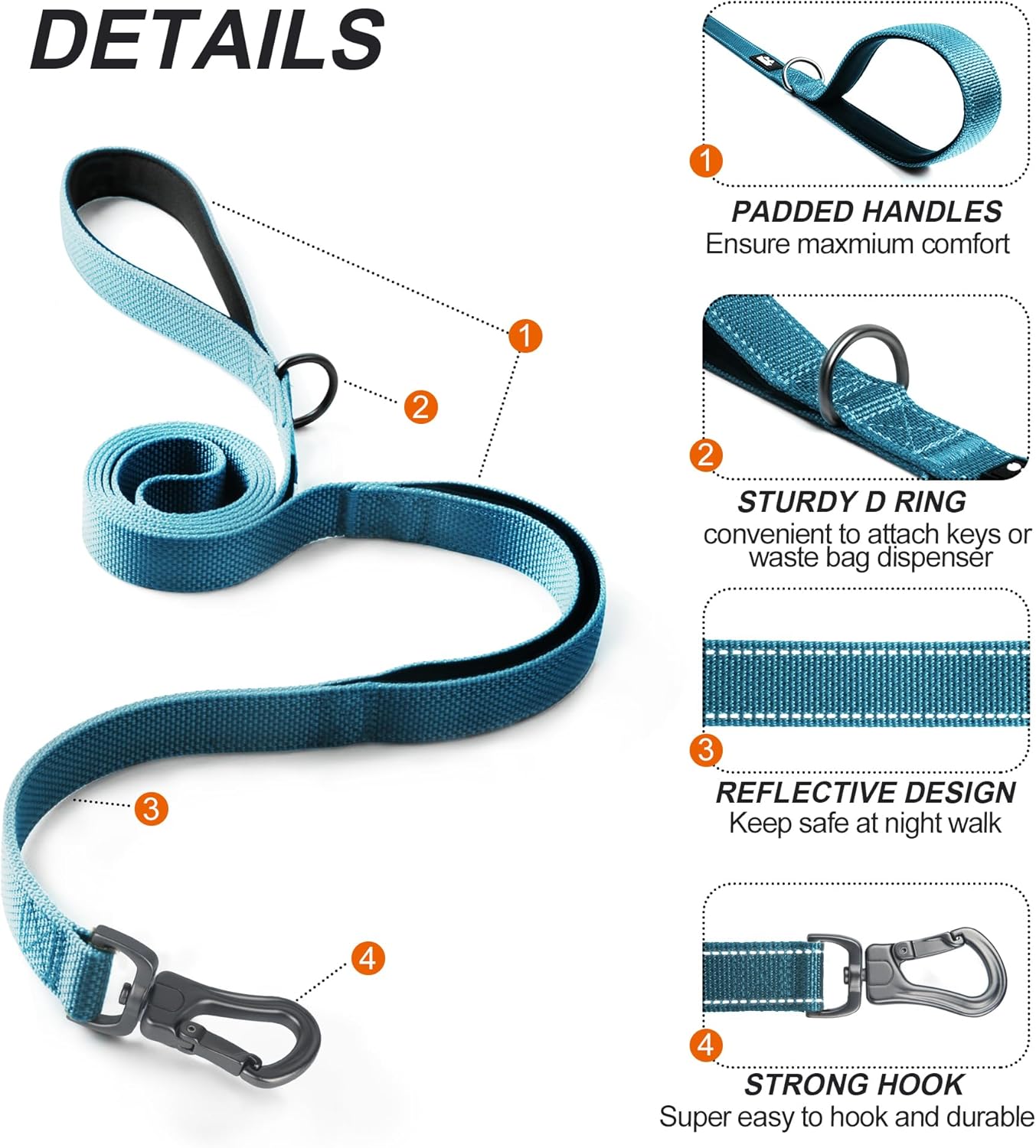 TwoEar 6FT 1IN Strong Blue Dog Leash with 2 Padded Handles, Traffic Handle Extra Control, Comfortable Soft Dual Handle, Auto Lock Hook, Reflective Walking Lead for Small Medium and Large Dogs