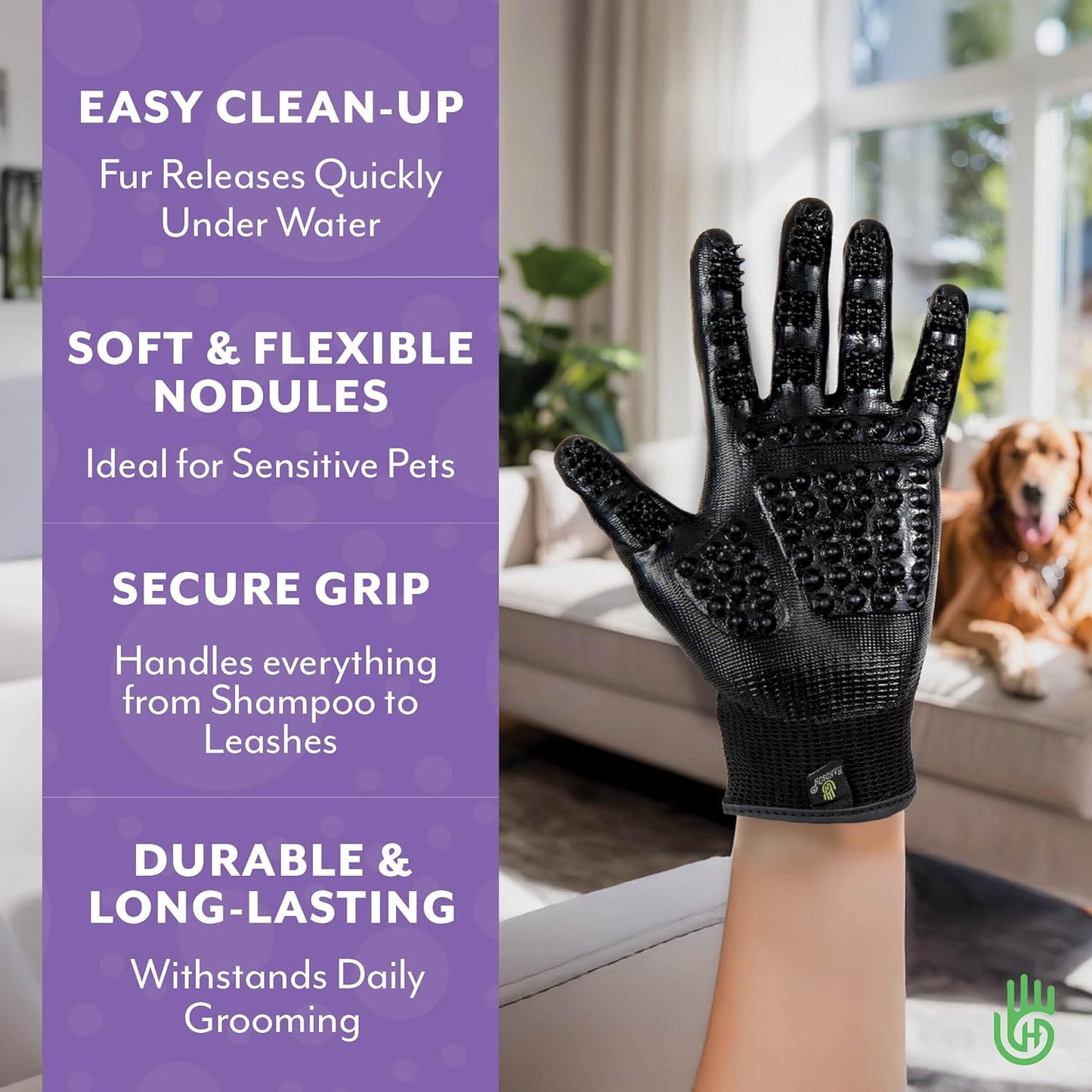 H HANDSON Pet Grooming Gloves - Patented #1 Ranked, Award Winning Shedding, Bathing, & Hair Remover Gloves - Gentle Brush for Cats, Dogs, and Horses (Mono Green, Small)