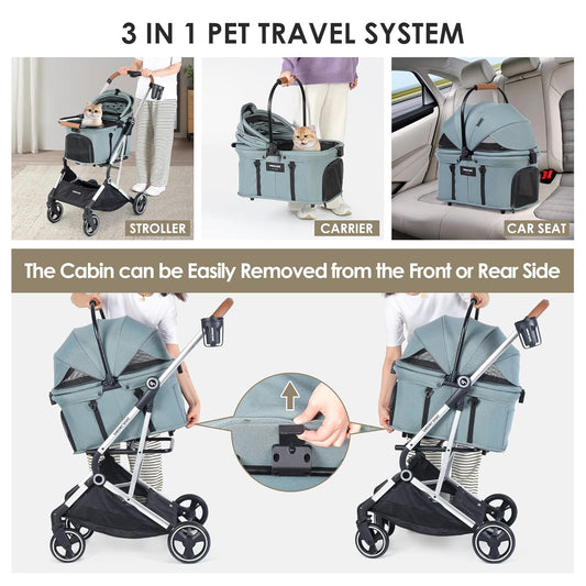 T3 Pro 3-in-1 Small Pet Stroller for Dog & Cats, 4 Wheels with Detachable Carrier with Pad, Canopy and Cup Holder, Green