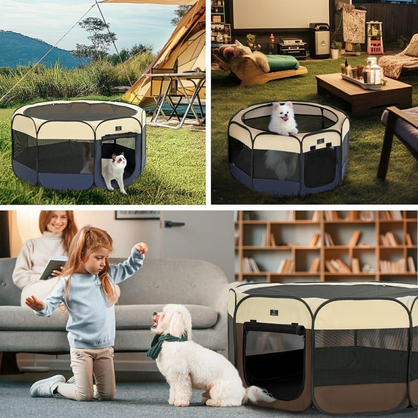 A4Pet Dog Playpen Indoor, 49” Pet Playpen with Bowl for Dogs, Kittens, and Small Animals, Removable Zipper & Mesh Panel(19”W × 12”H)