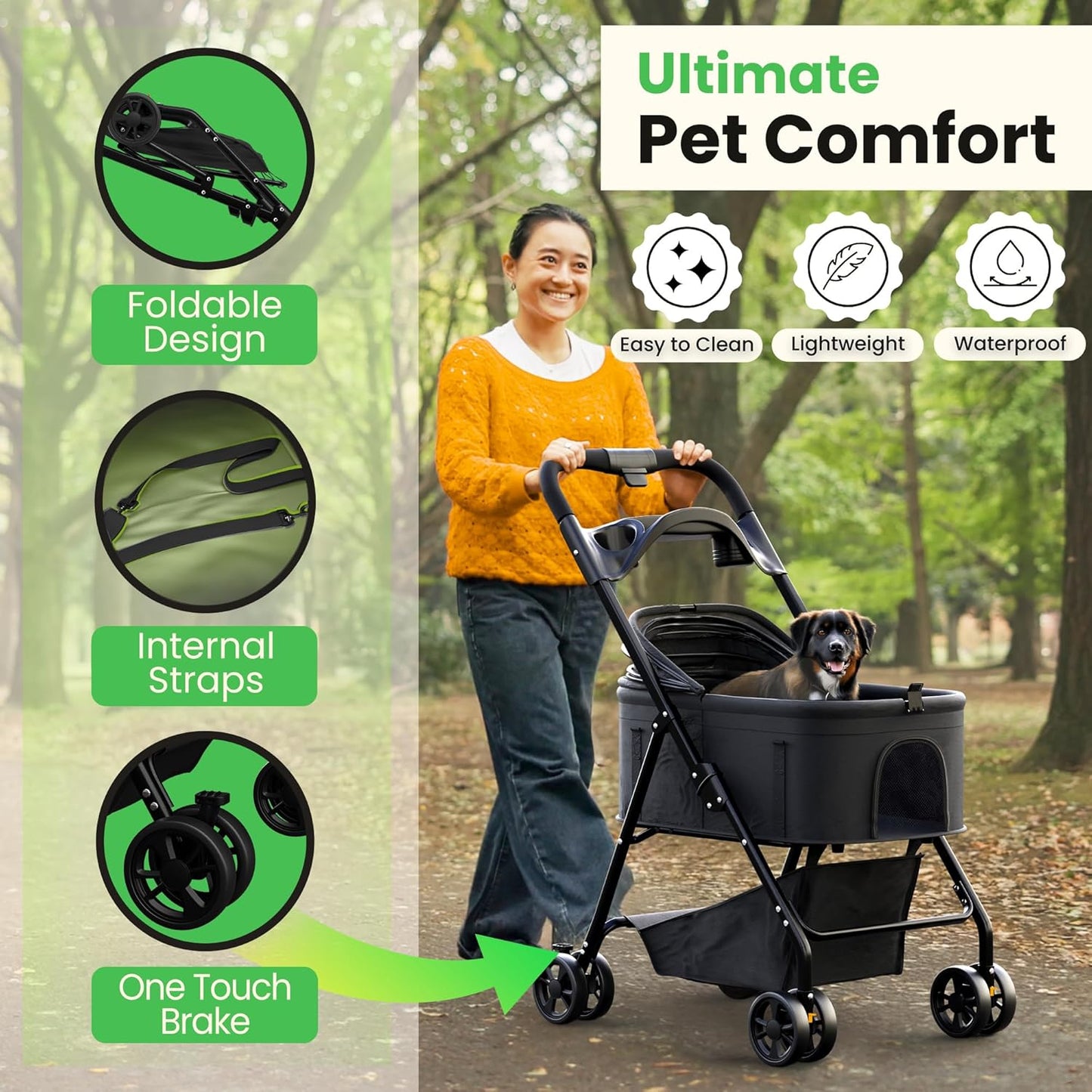 Pet Stroller 3 in 1 Foldable Dog Stroller, Cat Strollers, Foldable pet Strollers & Cat Carrier, Pet Carrier, Lightweight with Cup Holder, Waterproof Max Load 66 lbs, Breathable Mesh Canopy