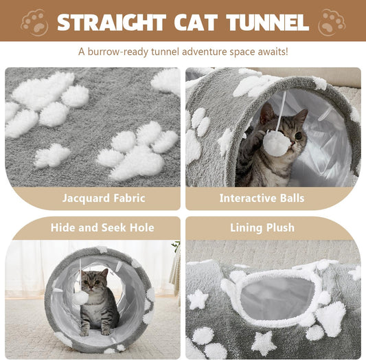 Straight Cat Tunnel for Indoor Cats 47"x12", Cute Cat Toys Collapsible Tunnel Tube with Balls for Puppy Kitten Rabbit, Grey Paw