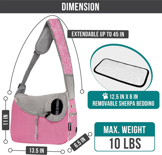 PetAmi Small Dog Sling Carrier, Soft-Sided Crossbody Puppy Carrying Purse Bag, Adjustable Sling Pet Pouch to Wear Medium Dog Cat Travel, Dog Bag for Traveling, Poop Bag Dispenser, Max 10 lbs, Pink