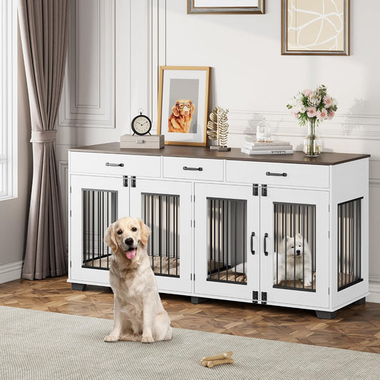 71 in Dog Crate Furniture for 2 Dogs, Wooden Double Dog Crate with 3 Drawers and Removable Room Divider, XXL Indoor Dog Kennel TV Stand End Table with Double Doors for Large Medium Dogs, White