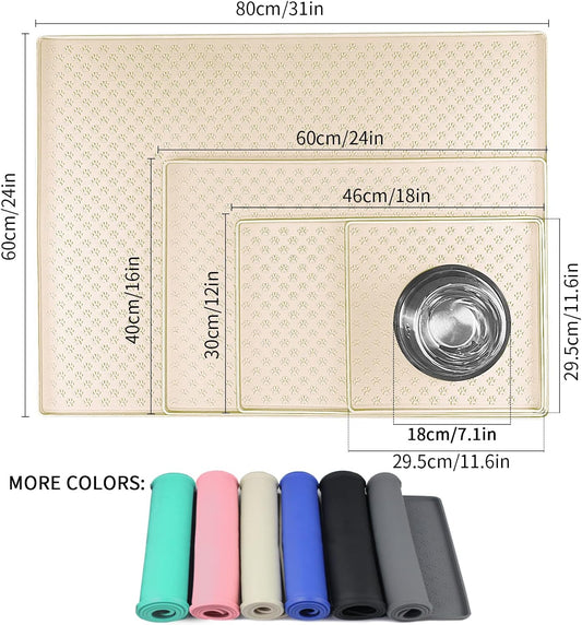Ptlom Silicone Pet Placemat for Dog and Cat, Waterproof Non-Slip Pet Feeding Bowl Mats for Food and Water, Small Medium Large Tray Mat Prevent Residues from Spilling to Floor, Beige, 18" 12"