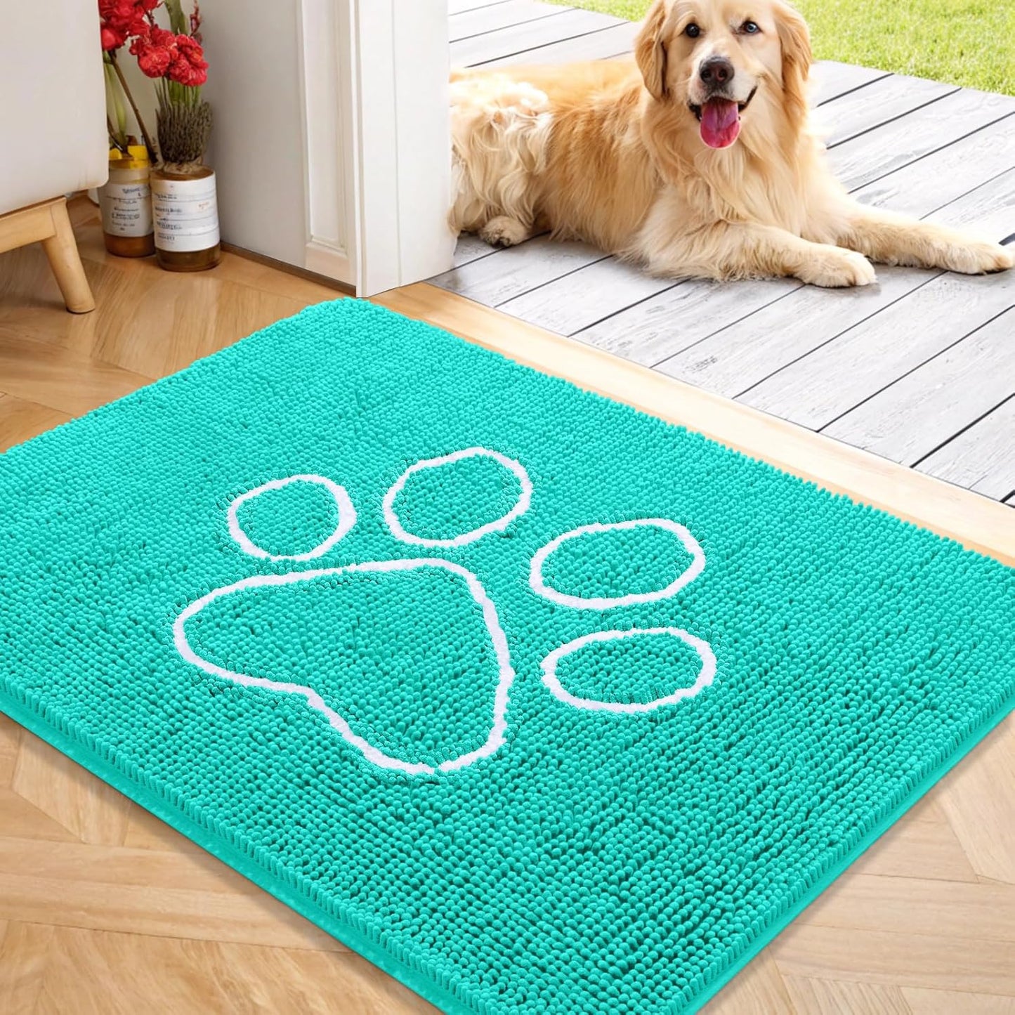 OLANLY Door Mat for Muddy Dog Paws 40x32, Ultra Absorbent Chenille Mud Doormat with Paw Print Design, Non-Slip Washable Doormat for Indoor Entryway, Quick-Dry Pet Bed Mats for Dirty Dogs, Teal