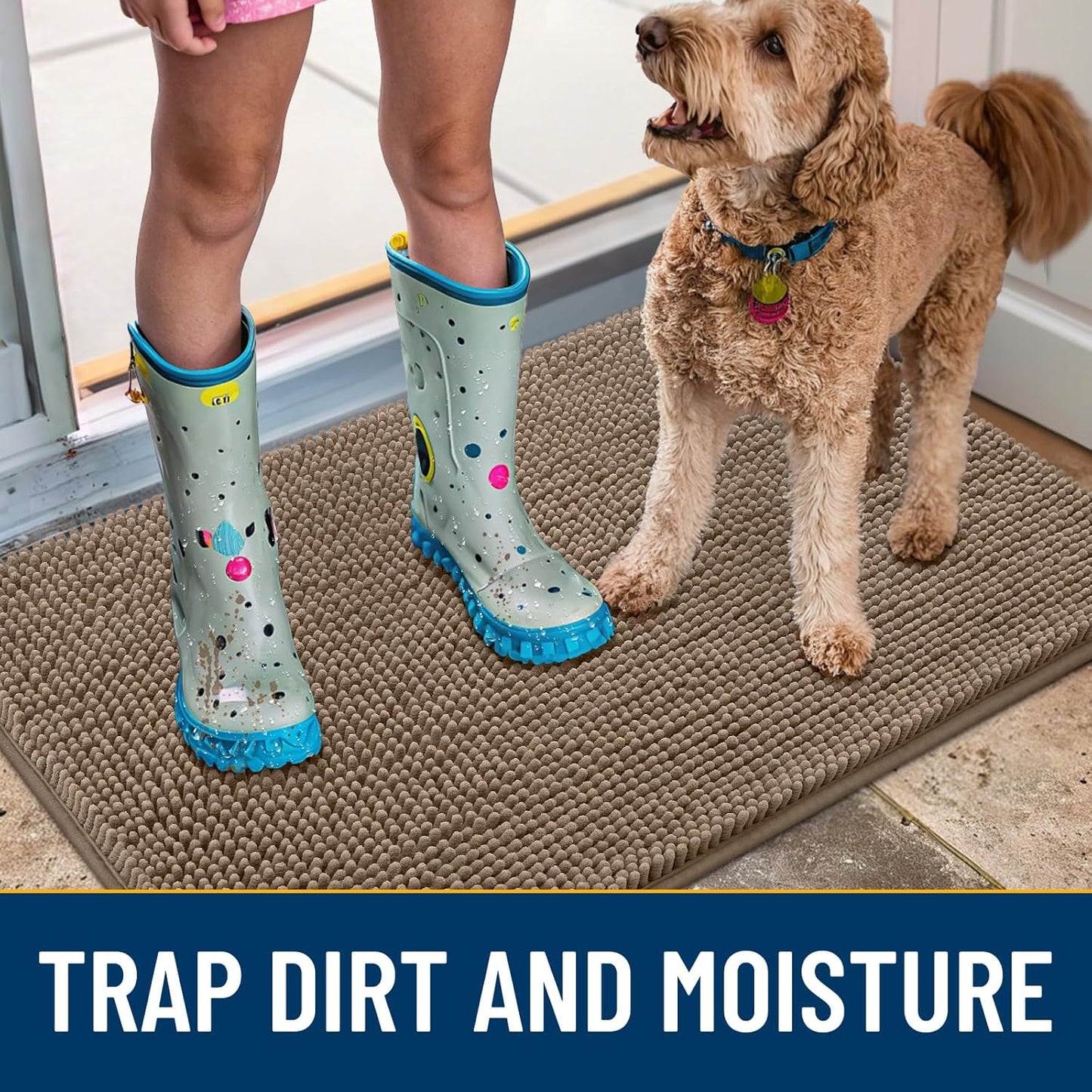 Smiry Dog Door Mat for Muddy Paws 36x24, Absorbs Moisture and Dirt Doormat, Non-Slip Washable Quick Dry Chenille Front Door Mat Indoor Entrance, Entryway Carpet for Inside Floor, Camel