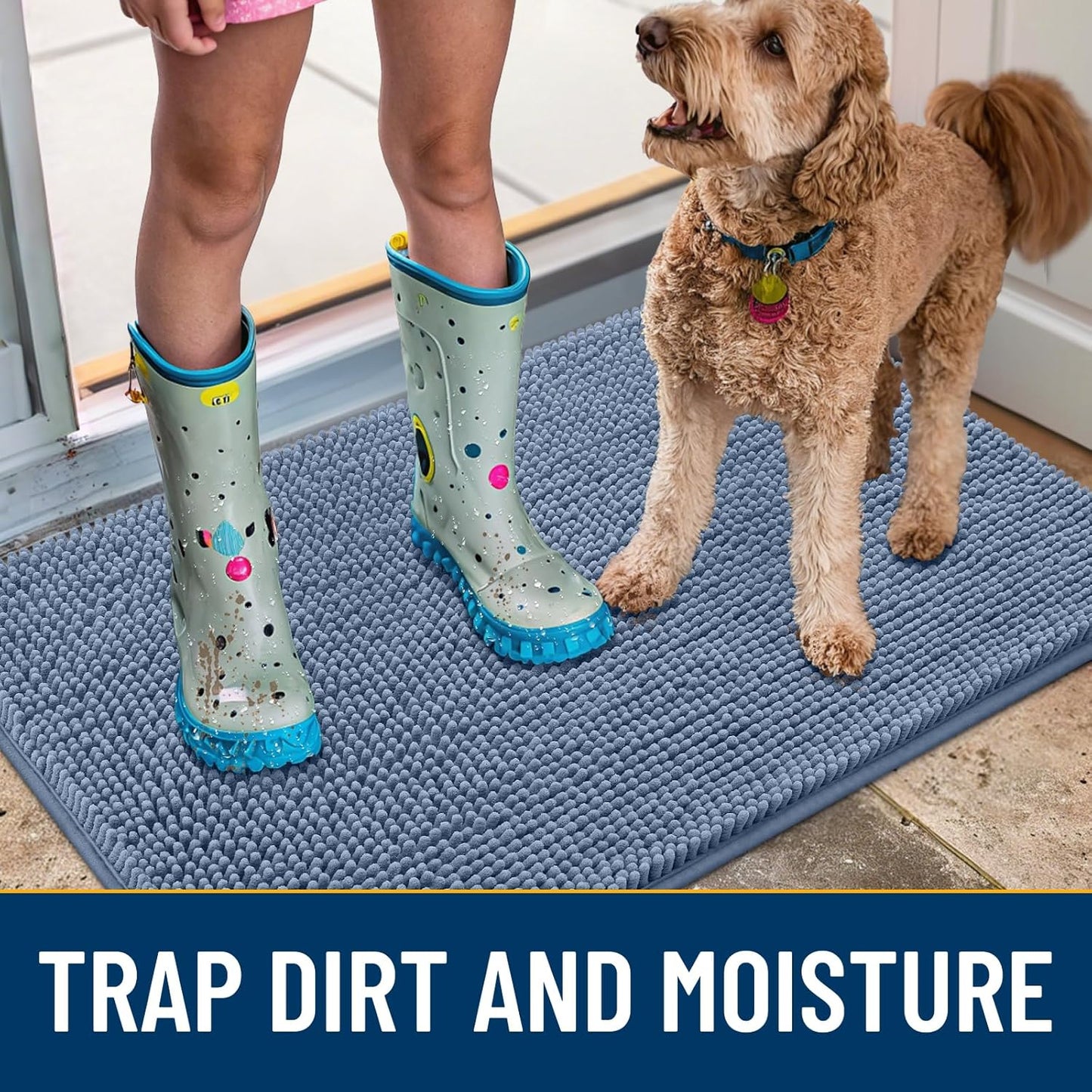 Smiry Dog Door Mat for Muddy Paws 36x24, Absorbs Moisture and Dirt Doormat, Non-Slip Washable Quick Dry Chenille Front Door Mat Indoor Entrance, Entryway Carpet for Inside Floor, Airy Blue