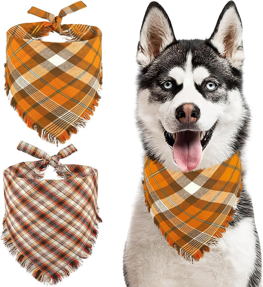Kytely Thanksgiving Fall Dog Bandanas 2 Pack, Autumn Dog Bandana Large, Orange Plaid Pet Scarf for Boy and Girl, Holiday Halloween Reversible Triangle Bibs Accessories for Dogs Pets