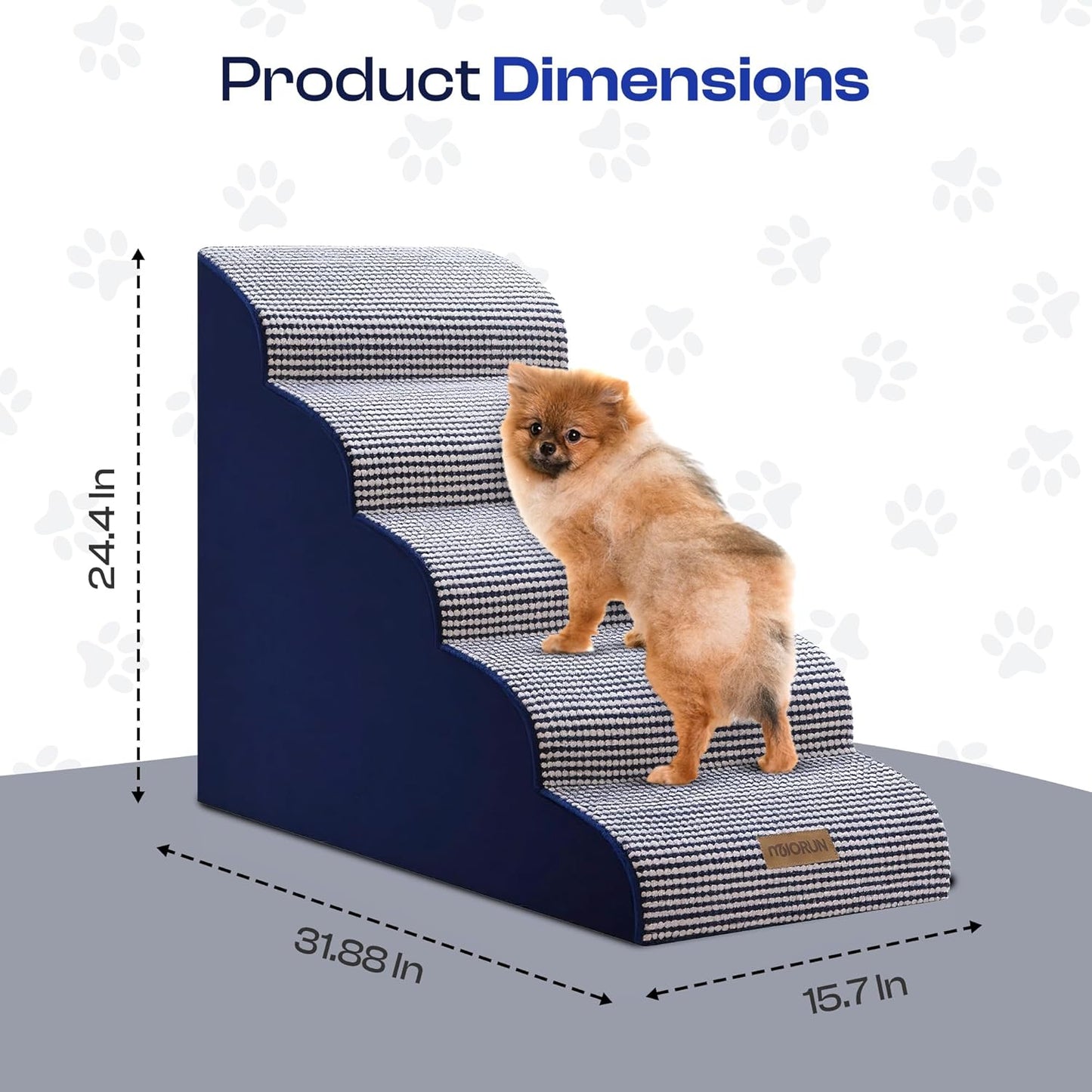 Curved Dog Stairs for High Bed Up to 26", 5-Step Dog Ramp for Small Dogs with Washable Cover, Non-Slip Steps for Cats to Get on Couch and Sofa, Durable Foam Ladder for Medium Breeds, White Navy