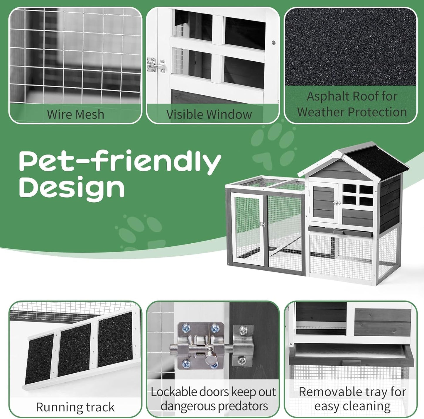 Outvita Rabbit Hutch, Small Wood Chicken Coop, 48" Guinea Pig Cage w/Pull-Out Tray, Waterproof Asphalt Roof, Chicken Run, Interactive Door for Small Animal Pen Outdoor