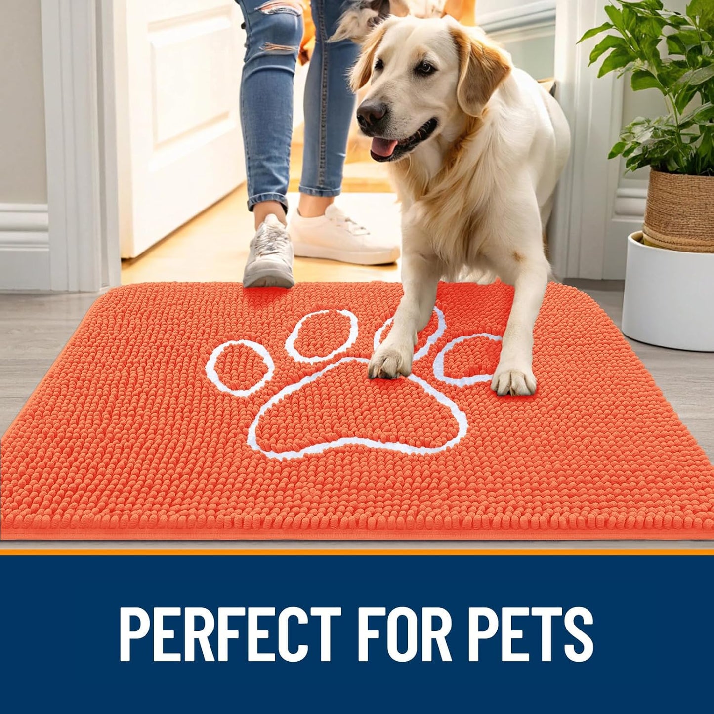 OLANLY Door Mat for Muddy Dog Paws 36x24, Ultra Absorbent Chenille Mud Doormat with Paw Print Design, Non-Slip Washable Doormat for Indoor Entryway, Quick-Dry Pet Bed Mats for Dirty Dogs, Coral