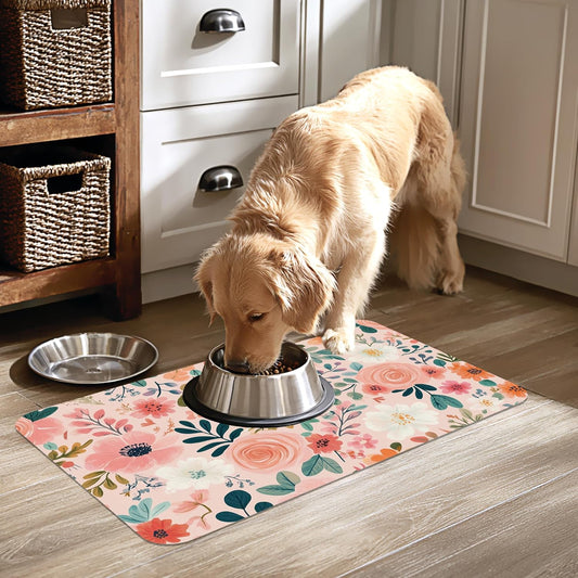 Boho Floral Pet Feeding Mat for Floors-Absorbent Dog Bowl Mat for Food and Water, Quick Dry Pet Cat Feeding Mats with Non Slip Bottom, Mess-Free Dog Accessories 12"x20"