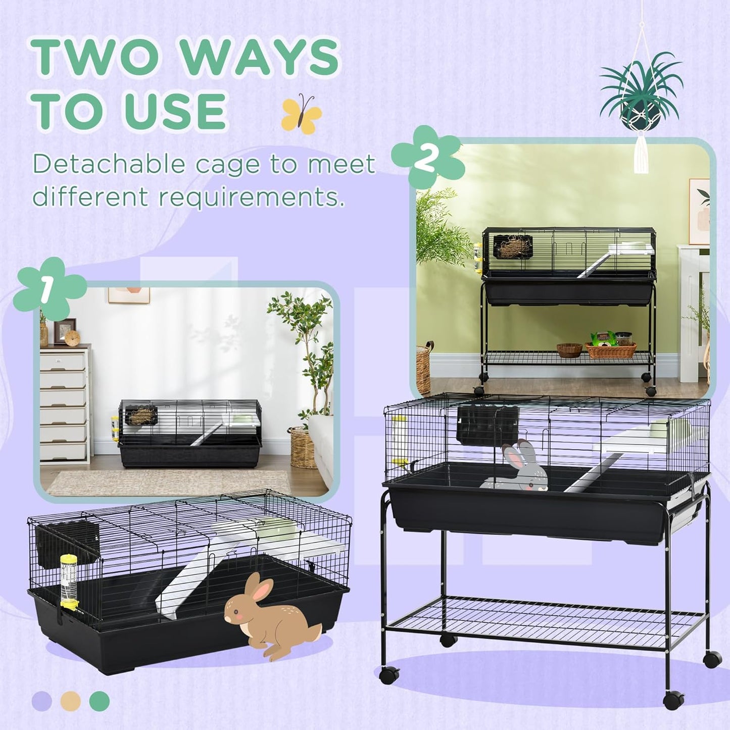 PawHut Two-Story Small Animal Cage Removable from Stand, Guinea Pig Cage with Shelf & Wheels, Pet Habitat for Hedgehog, Chinchilla, Ferret, 39" x 20.5" x 36.5", Black