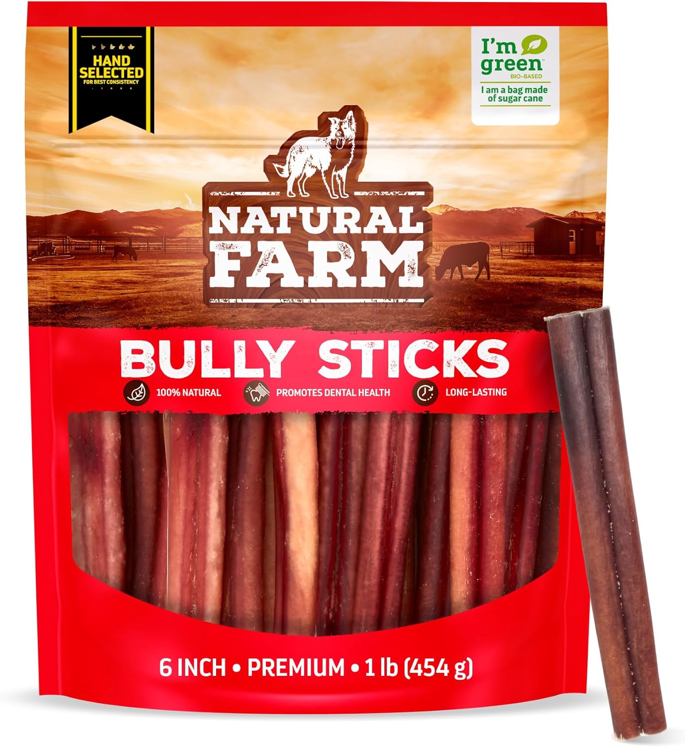 Natural Farm Odor-Free Select Bully Sticks, (6-Inch, 1-Pound), Hand Selected for Consistent Thickness, 100% Beef Pizzle Dog Chews, Fully Digestible, High Protein, Best Dental Treats