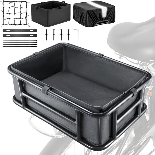 Bike Basket Rear with Liner,Waterproof Cover,Cargo Net Large Rear Bike Basket,Heavy Duty Bicycle Rear Basket for Electric Bike, Ebike,Great for Bike Trip,Carrying Grocery,Ball,Dog