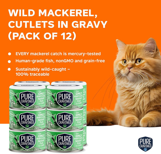 Wet Cat Food Canned Mackerel Cutlets in Gravy, Every Catch is Mercury Tested, Moist Can Fish for Cats, Grain-Free, Protein, Non-GMO, Pack of 12