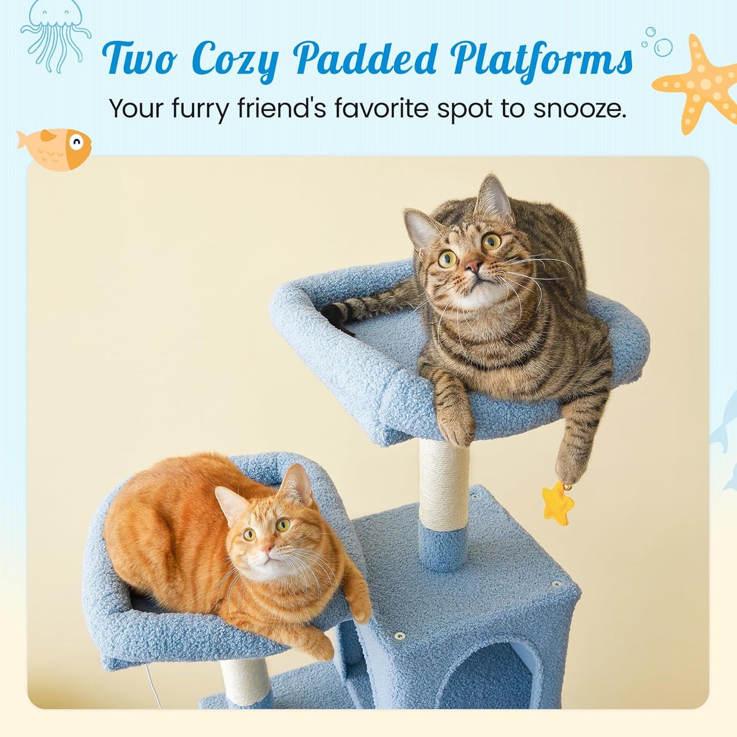 MWPO Ocean-Themed Cat Tree, 70.1-Inch Multi-Level Tall Tower for Indoor Cats, Plush Cat Condo with Big Padded Perches, Sisal-Covered Scratching Posts, Hammock, Toys for Kittens, Blue