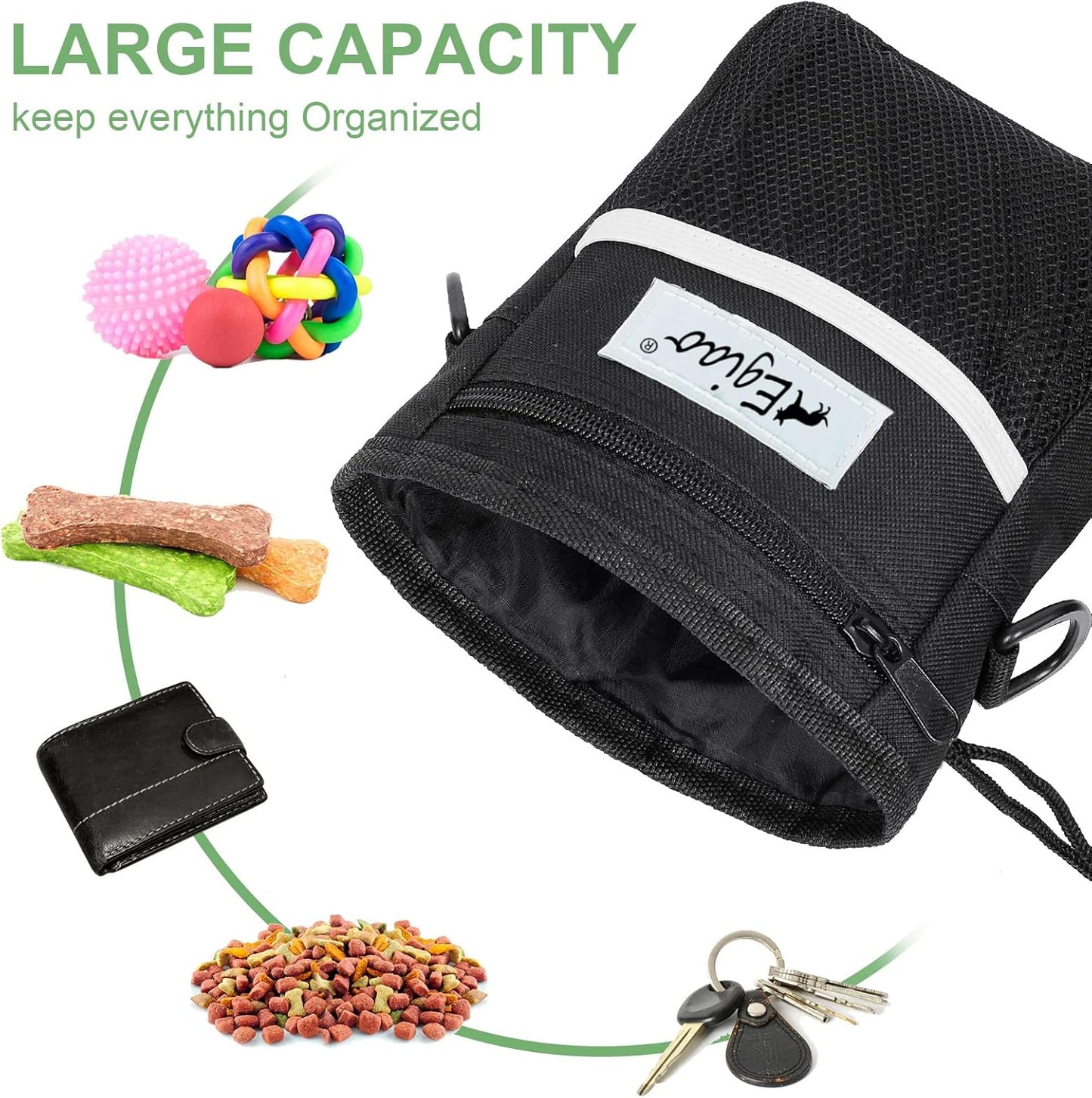 Dog Treat Pouch with Drawstring Closure, Puppy Training Bag, Built-in Pet Poop Bag Dispenser, Waist Belt Clip, 3 Ways to Wear