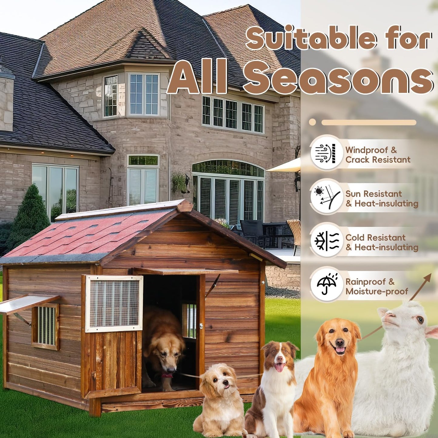 Outdoor Dog House, Natural Pine Wood Dog House with Elevated Floor, XL Outdoor Large Breed, XL-38.58''(D) X30.70''(W) X36.61''(H)