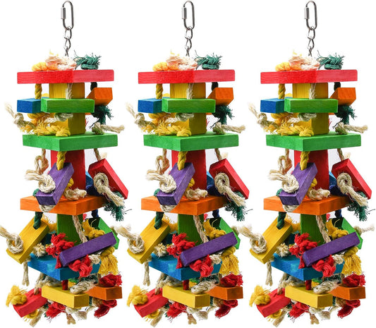 RUBY.Q 3 Pack Large Parrot Toy, 20in Bird Parrot Toy, Multicolor Natural Wooden Bird Chewing Toys for Large Macaws, African Grey and a Variety of Amazon Parrots