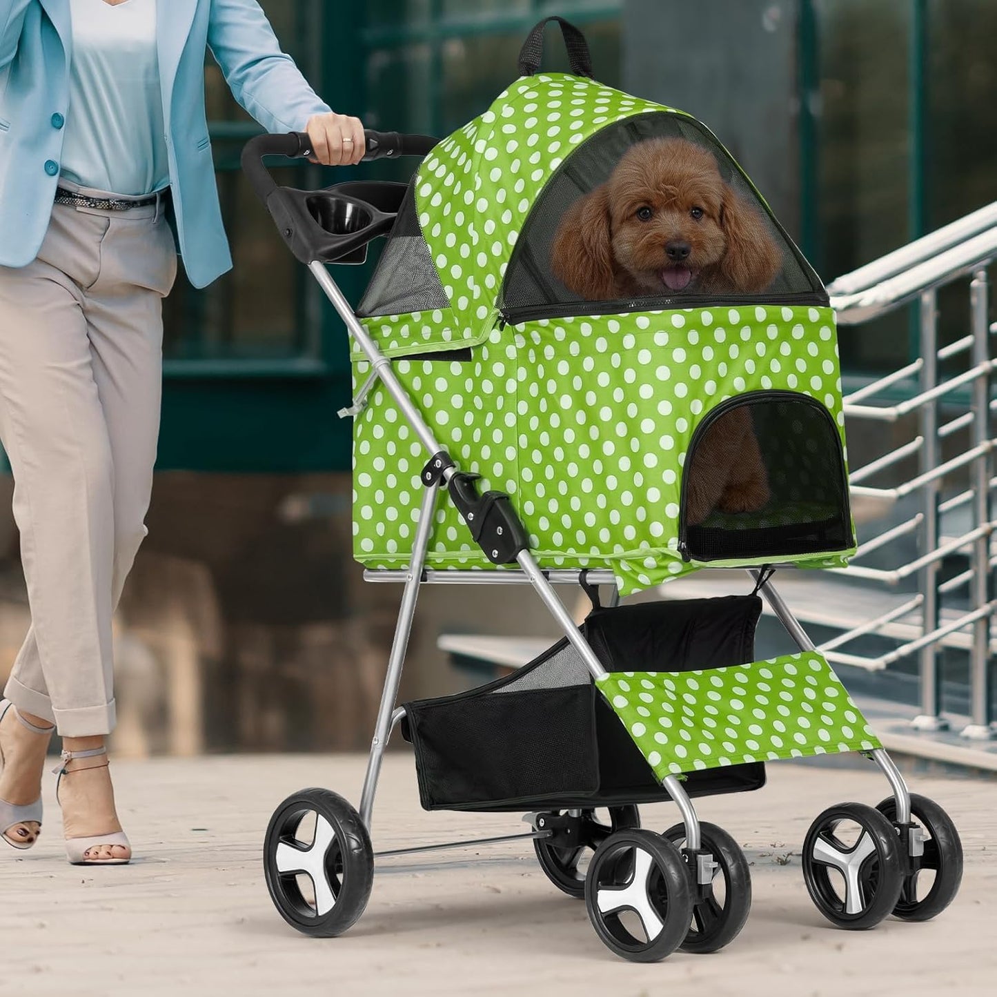 Magshion Foldable Pet Stroller, 3-in-1 Dog Travel Jogger with Detachable Carrier, Cup Holder, Storage Basket, Folding Carrier for Small/Medium Dogs & Cats Up to 33 lbs, Lawn Green Polka Dots