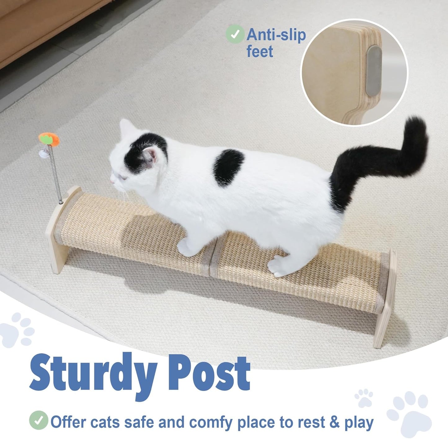 Cat Scratching Post, 30" Horizontal Sisal Scratch Post for Indoor Cats, Durable Cat Furniture Protector with Spring Toy