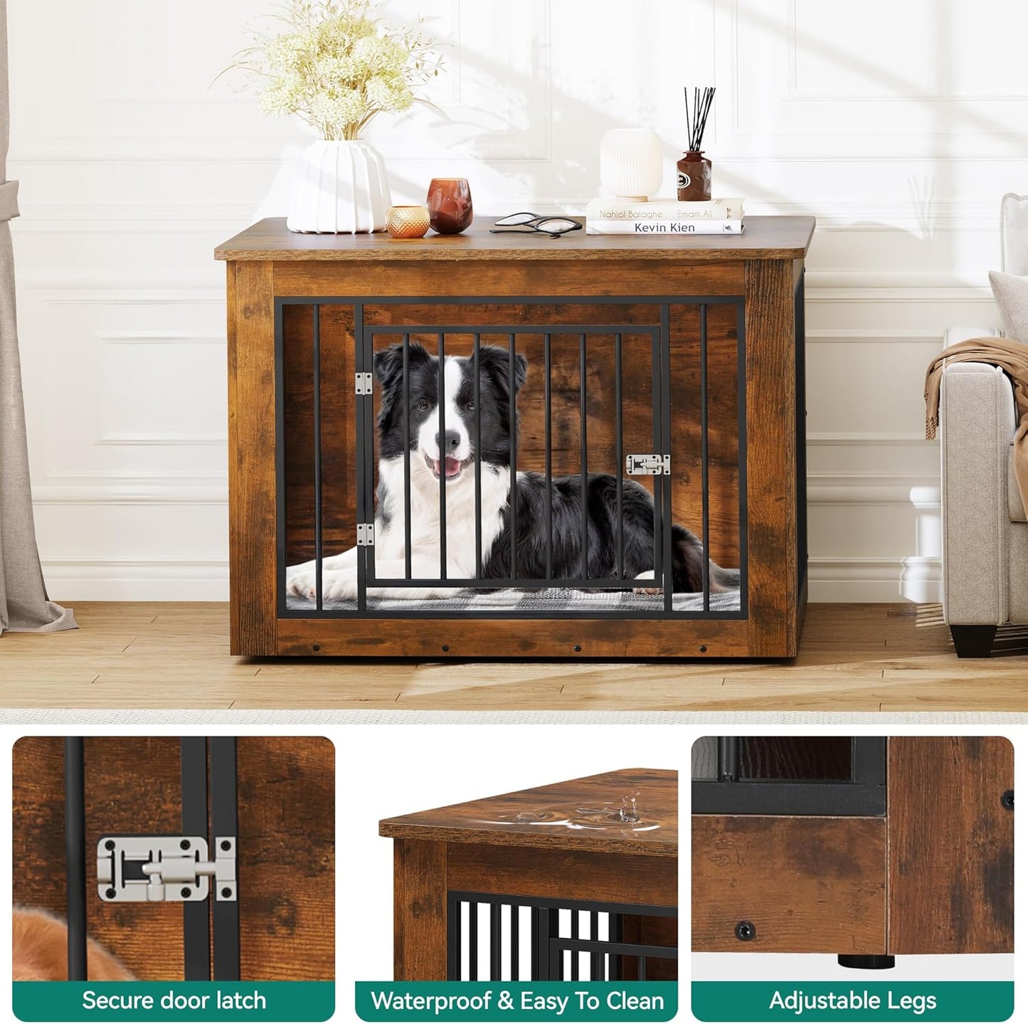 YITAHOME Dog Crate Furniture for Large Dogs, Side End Table, Modern Dogs Kennel Indoor up to 60 lb, 2-in-1 Iron-Wood Fusion Dog Cage with Waterproof Top, Safety Corners, Steel Lock,38"L, Rustic Brown