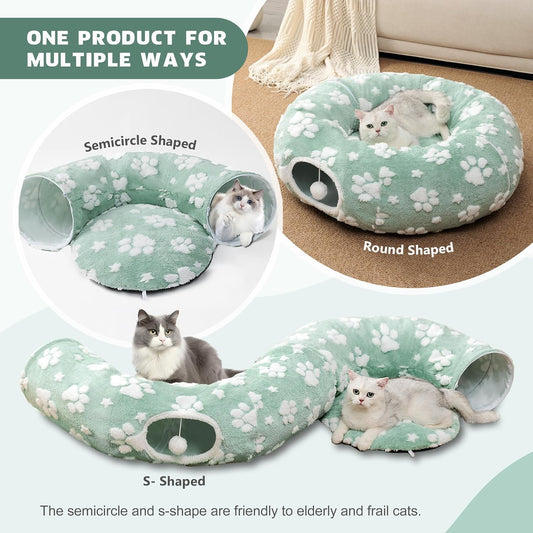 Cat Tunnel for Indoor Cats, Cute Peekaboo Cave with Dangling Balls, Pet Donut Tunnel Bed with Circle Mat for Puppy Kitten Rabbit, Green
