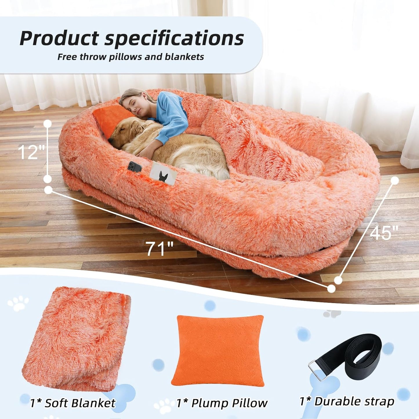 Human Dog Bed, 71''x45''x12'' Size Fits You and Pets, Washable Faux Fur Pet Bed for People Doze Off, Napping Orthopedic Dog Bed, Present Plump Pillow, Blanket, Strap - OrangeWhite