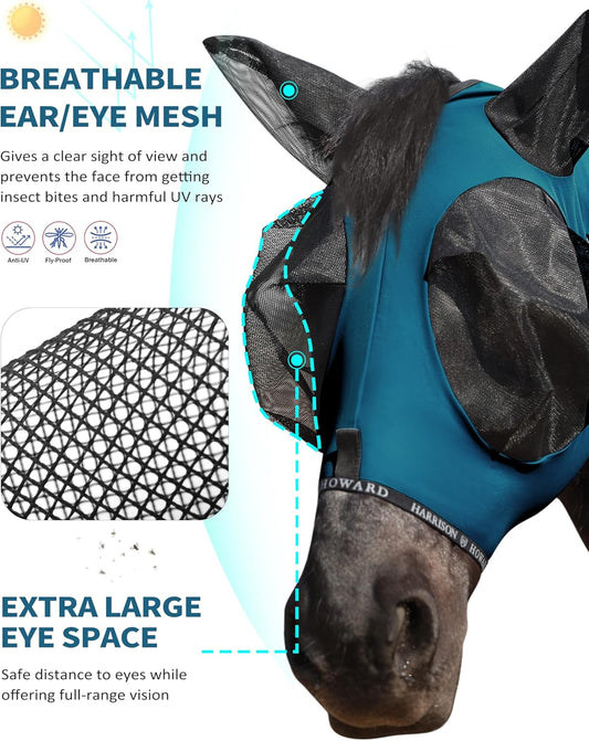 Harrison Howard Horse Fly Mask with Forelock Opening Stretch Breathable and Comfortable for Horses UV -Protection Peacock Blue M