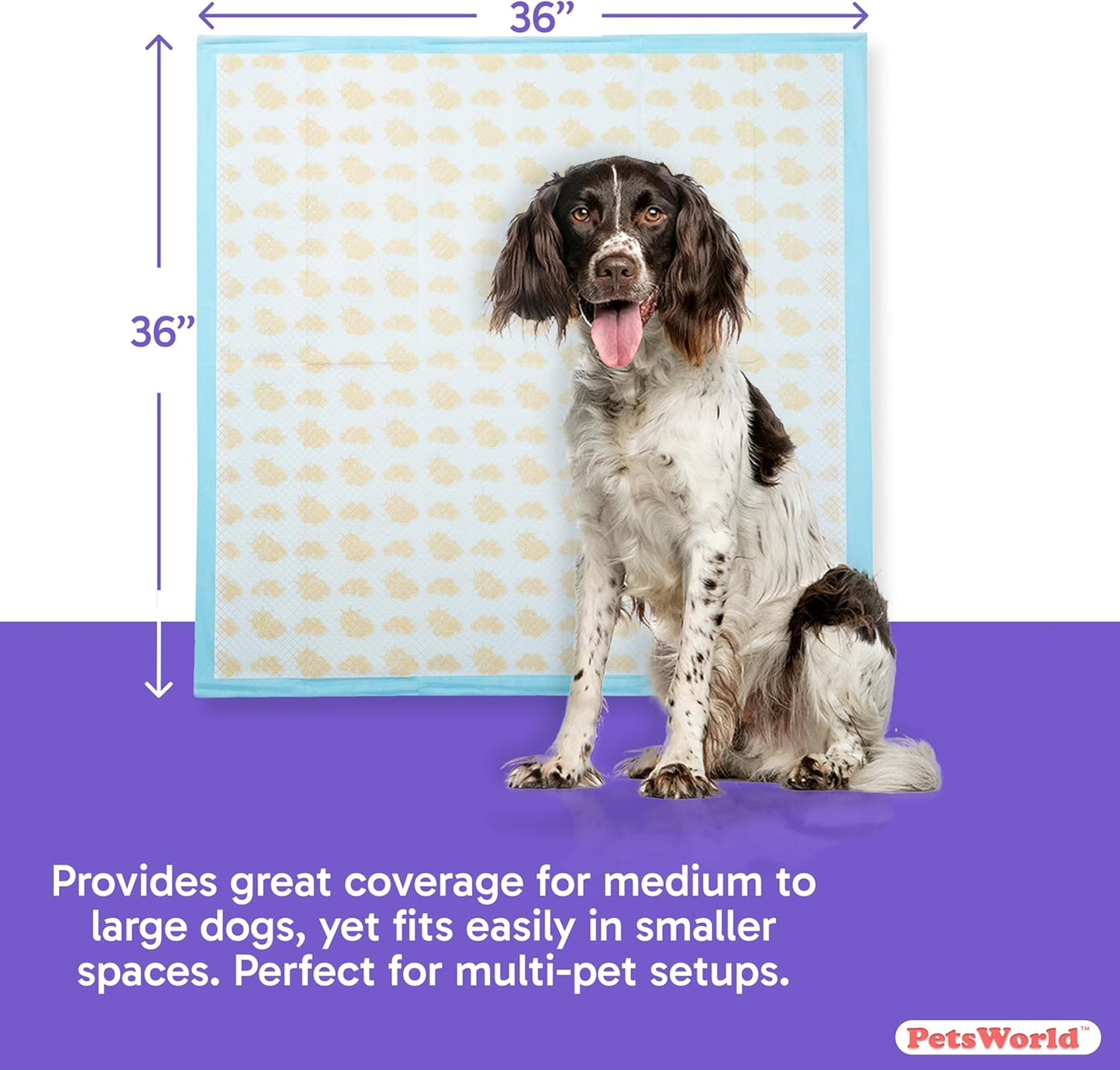 PETSWORLD Giant Dog Potty Pads, Odor-Eliminating, 36" x 36", Ultra Absorbent 5-Layer Leak-Proof Training Pads for Dogs & Cats (36x36 Health Indicating, 25 Count)