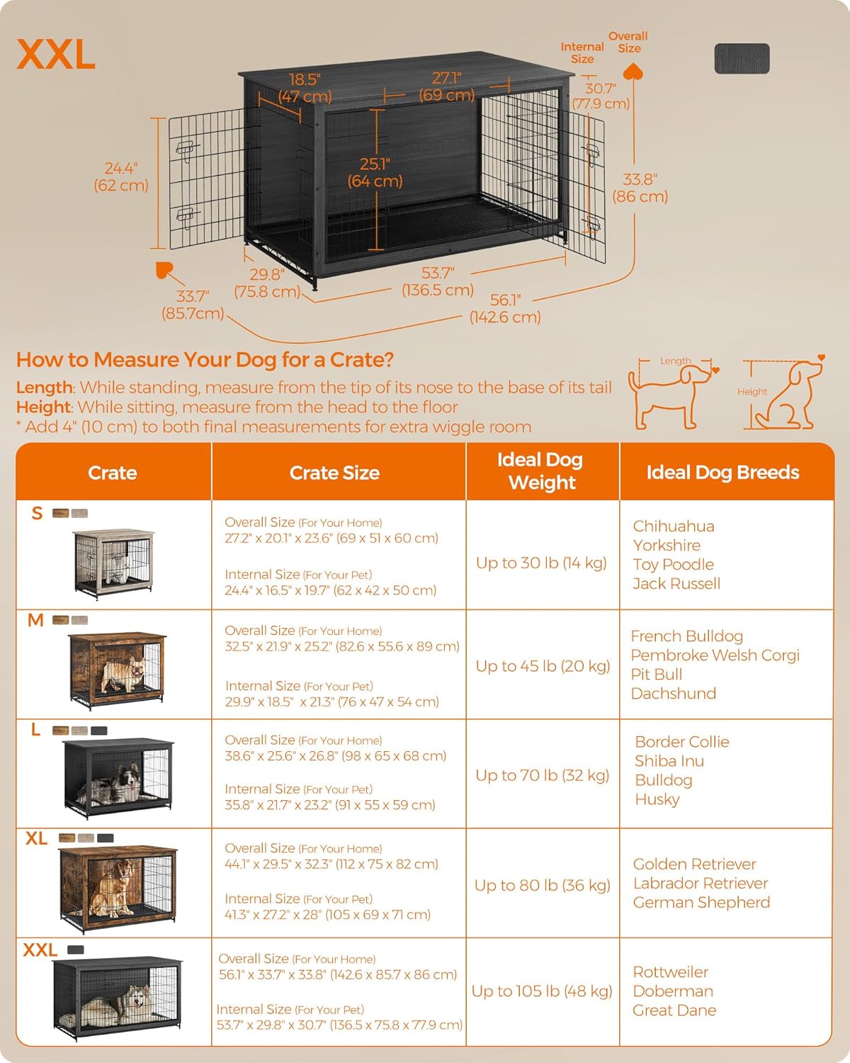 Feandrea Dog Crate Furniture, 56.1" Modern Kennel for Dogs Indoor up to 105 lb, Heavy-Duty Dog Cage with Multi-Purpose Removable Tray, Double-Door Dog House, Ink Black UPFC005B01