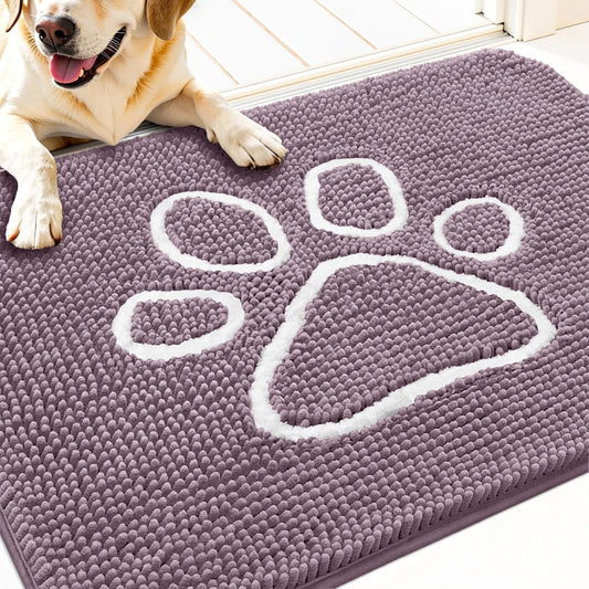 OLANLY Door Mat for Muddy Dog Paws 30x20, Absorbent Chenille Mud Doormat with Paw Print Design, Non-Slip Washable Doormat for Indoor Entryway, Quick-Dry Pet Bed Mats for Dirty Dogs, Deep Plum
