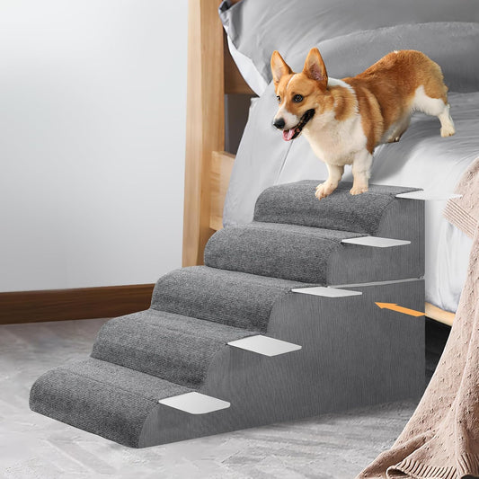 𝟱 𝗦𝘁𝗲𝗽𝘀 Dog Stairs for High Beds, 21.3" Tall Pet Steps for Small to Large Dogs & Cats, Waterproof with Removable Cover & PE Support Board for Bed, Couch, or Car