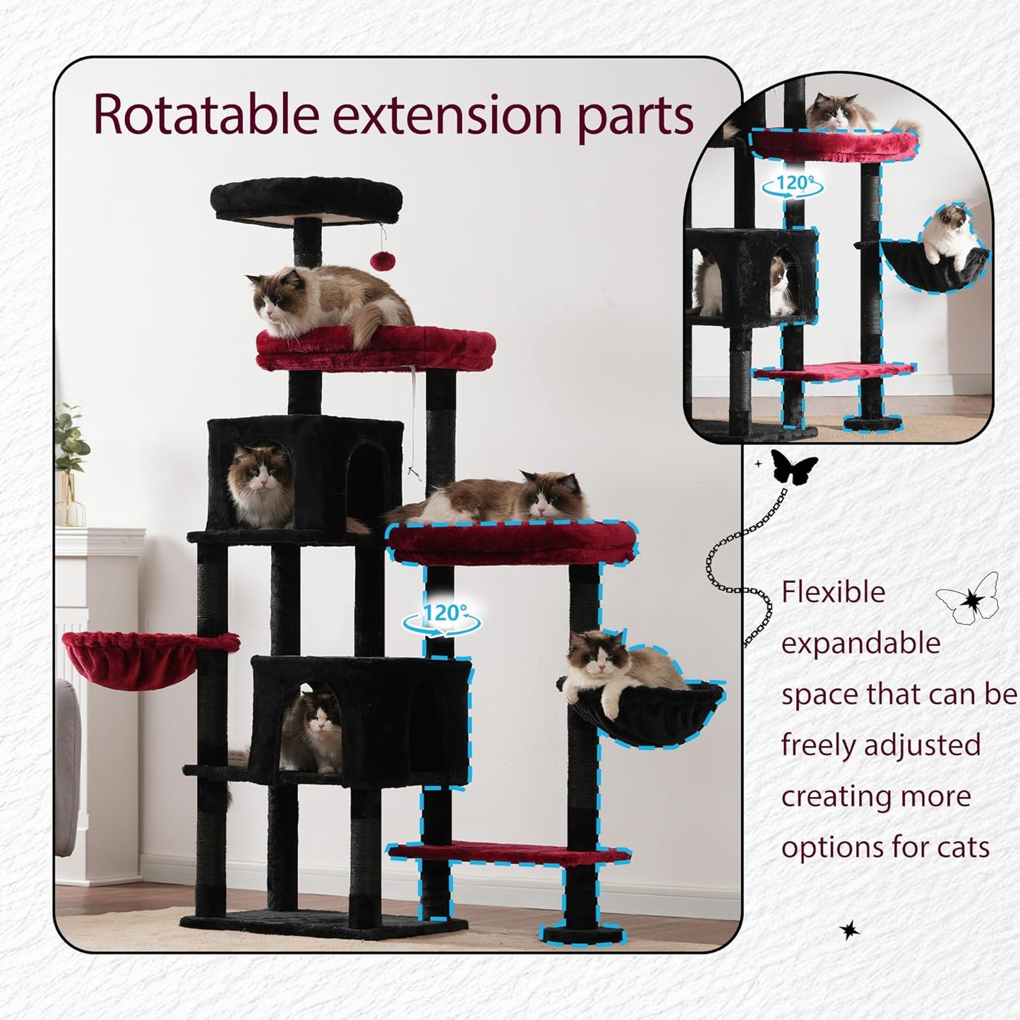 Hey-brother Cat Tree Tower, Scratching Posts with a Extended Part, Wide Platforms, Cozy Condos, Hammocks, Sisal Columns and Ball for Indoor Cats, 70.1 Inches, Black and Red MPJ038BR
