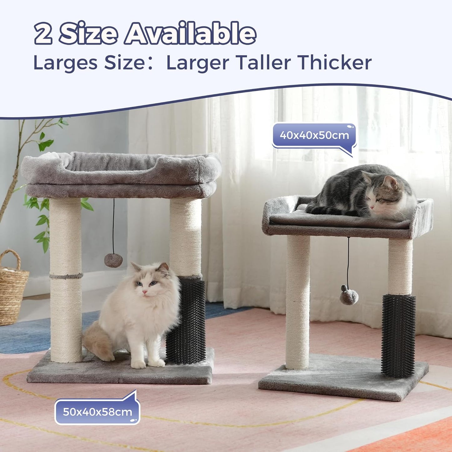 Cat Tree Tower for Large Cats Cat Scratching Post with 20x15.7”Wide Top Bed, Self Groomer, Thick Scratch Post [Dia=4.5”] and Danging Ball Great for Indoor Cats-Large Grey
