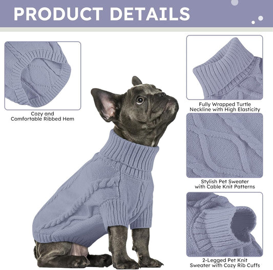 Queenmore Small Dog Pullover Sweater, Cold Weather Cable Knitwear, Classic Turtleneck Thick Warm Clothes for Chihuahua, Bulldog, Dachshund, Pug, Yorkie (Grey, Medium)