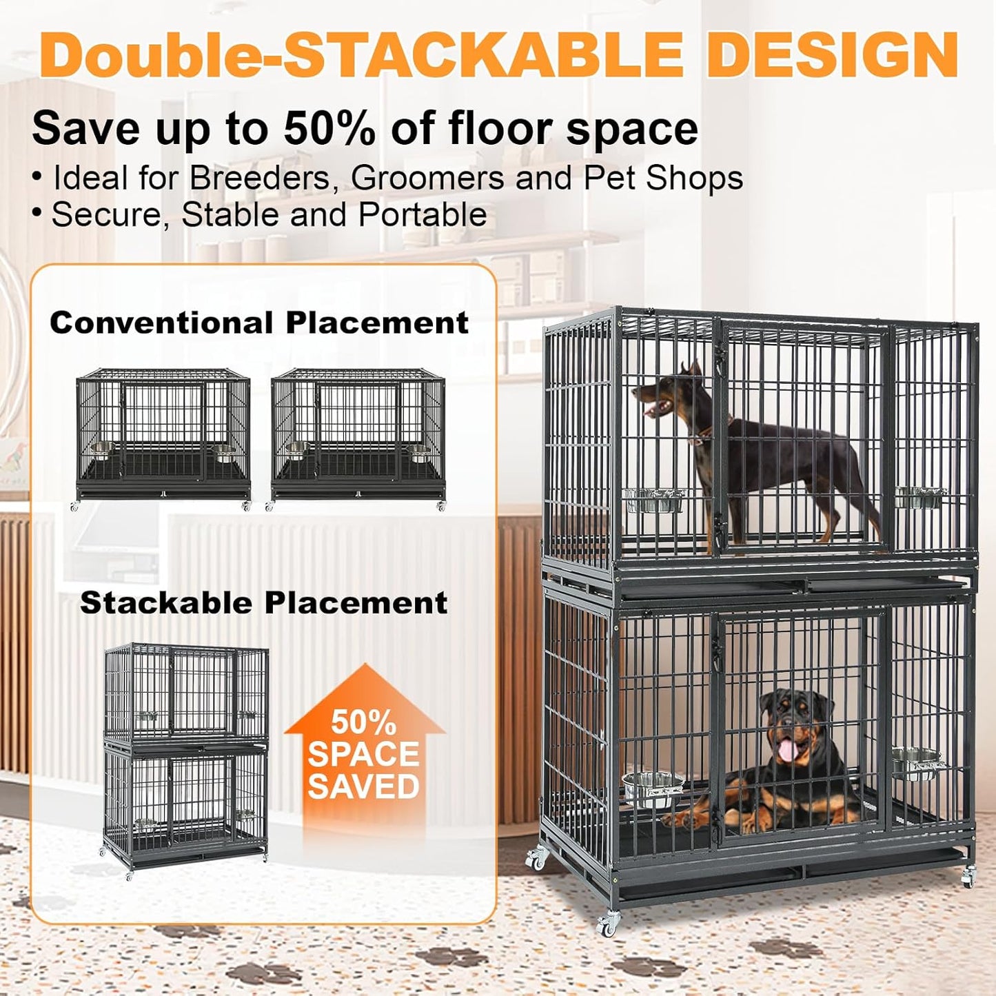 Homey Pet 48 Inch Stackable Heavy Duty Dog Crate Indestructible, Escape Proof Dog Cage with Wheels, Two Removable Trays, High Anxiety Dog Kennel Indoor, Extra Large XL XXL Dog Crates for Large Dogs