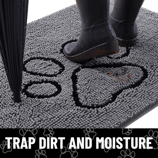 Smiry Dog Door Mat for Muddy Paws, Absorbent Dirt Trapper Non Slip Quick Dry Washable Chenille Mat for Mud Dogs, Entry Rug for Indoor and Outdoor (30x20 Inches, Dark Grey and Black)