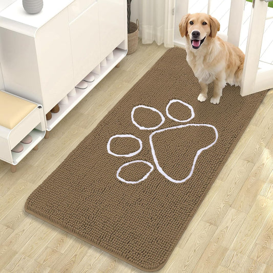 OLANLY Door Mat for Muddy Dog Paws 47x24, Ultra Absorbent Chenille Mud Doormat with Paw Print Design, Non-Slip Washable Doormat for Indoor Entryway, Quick-Dry Pet Bed Mats for Dirty Dogs, Tan