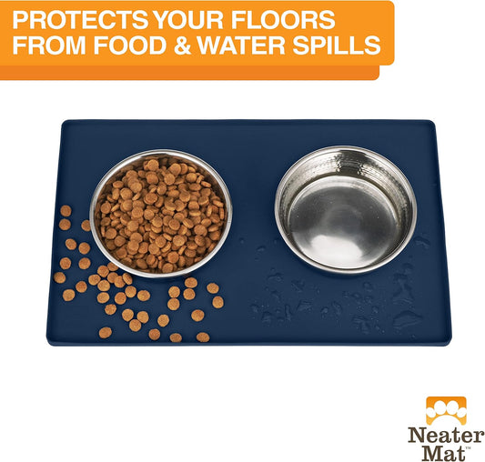 Neater Pet Brands Neater Mat Pet Mats for Food and Water, Cat & Dog Bowl Mat Waterproof Silicone, Feeding Tray, Dog Food Mats for Floors, Placemat w/Raised Edge for Under Bowls, 16” x 10”, Dark Blue