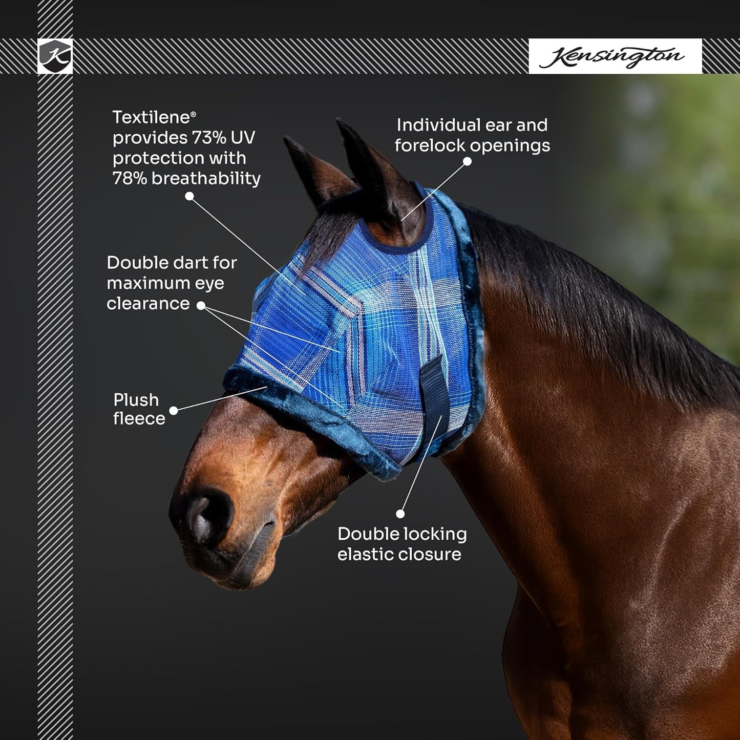 Kensington UV Fly Mask with Fleece Trim - Protective Mask with Dual Ear Opening & Forelock Freedom - XLarge, Lavender Mint