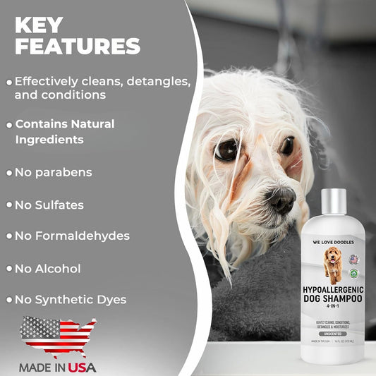 Hypoallergenic Dog Shampoo, Conditioner, and Detangler | Made in USA | Eco-Friendly Ingredients | Shampoo for Dogs with Sensitive Skin & Allergies | 16 OZ [We Love Doodles]