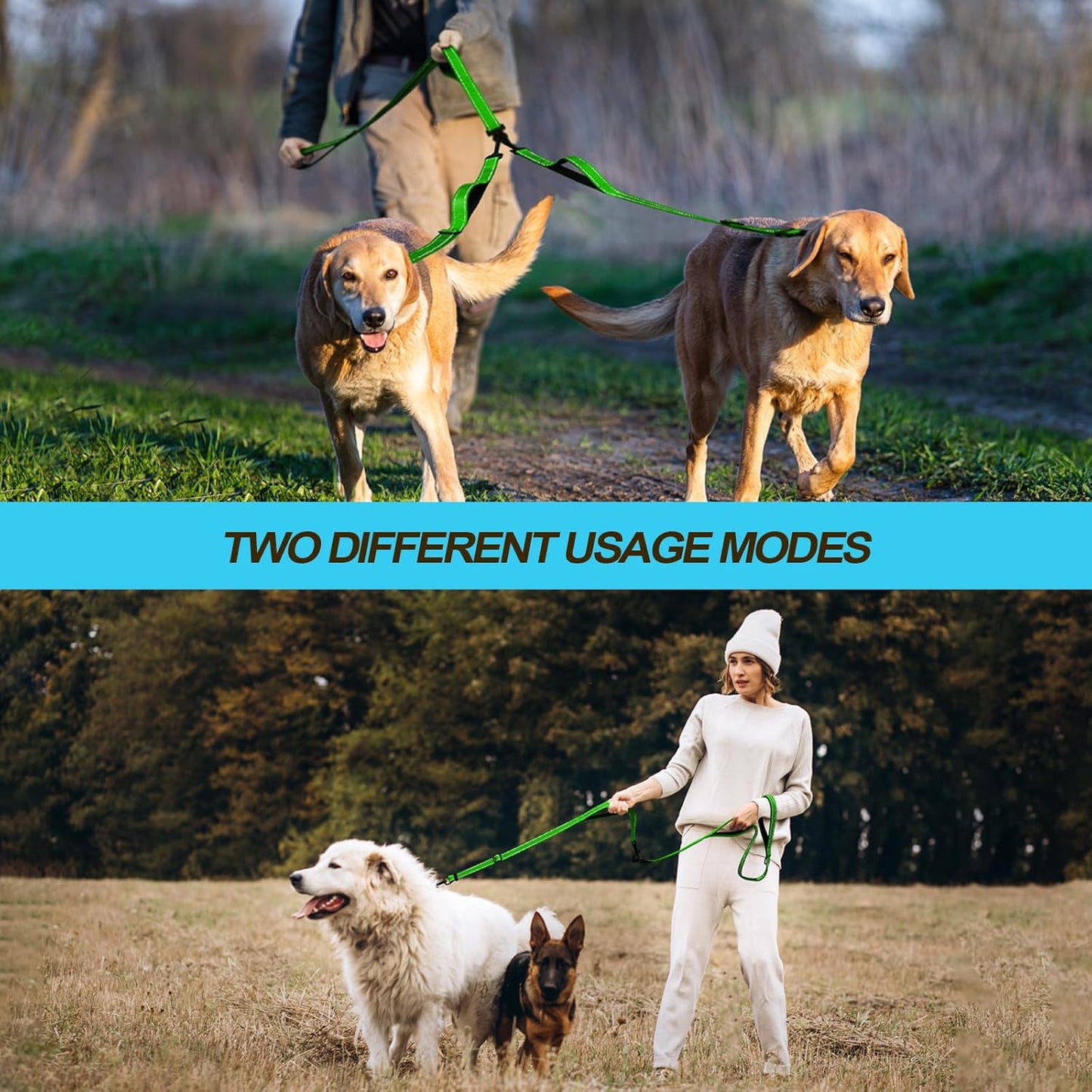 PetBonus Double Dog Leash, No Tangle Dual Leash, Reflective Walking Training Lead, 4 Comfortable Padded Handles for 2 Dogs with Collapsible Bowl and Waste Bags (Grass Green, Large)