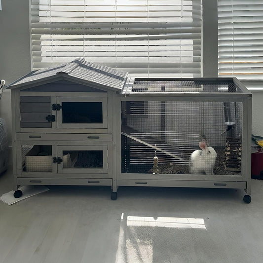 Aivituvin Rabbit Hutch Outdoor Rabbit Cage Indoor with Casters Bunny Cage Chikcen Coop for Small Animals with Pull-Out Tray(Grey)