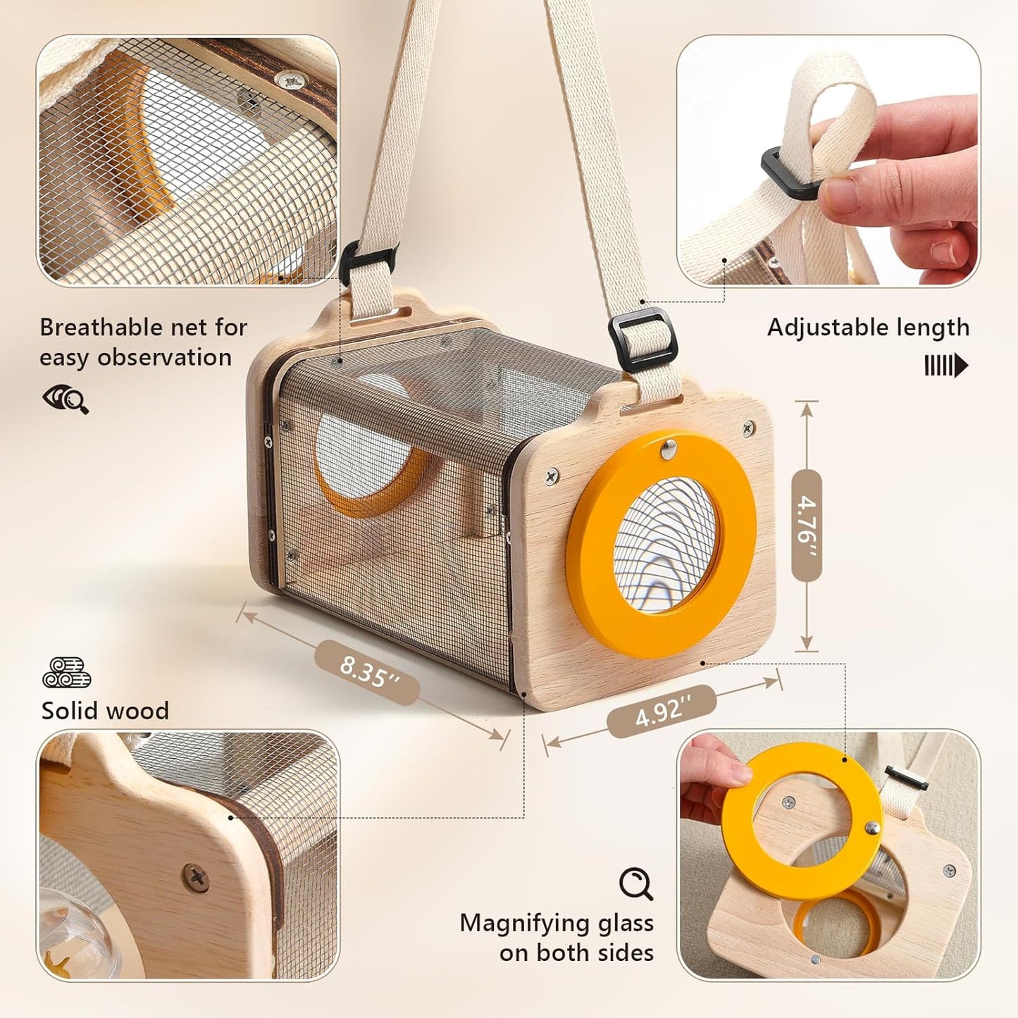 Wooden Bug Catcher for Kids, 8-in-1 Insect Exploration Set with Butterfly Net, Magnifying Glass, Bug Habitat, Tweezers, Compass,Outside Toys for Toddlers