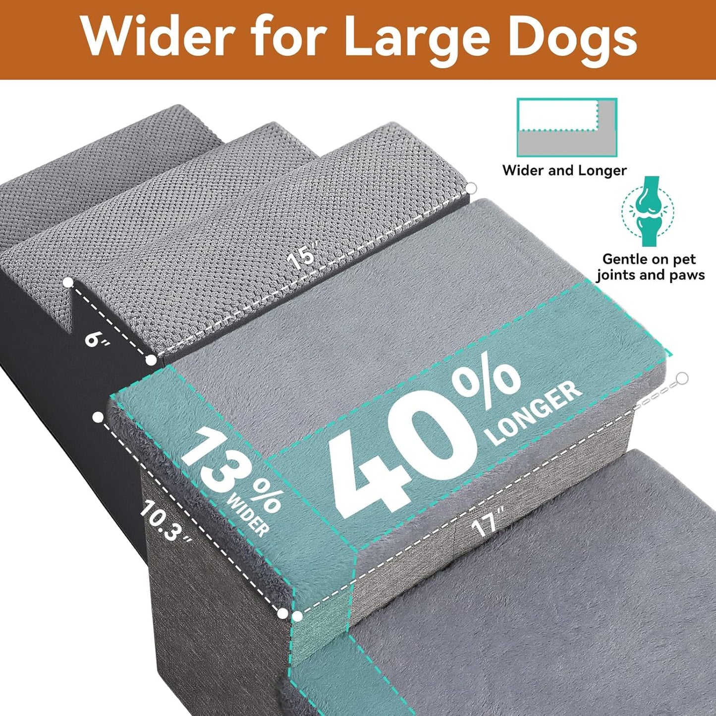 Dog Stairs with Furry Lids 18" H, 3-Step Wider Dog Steps with Storage for Small/Medium/Large Old Dogs Cats, Folding Sturdy Pet Stairs Climbing Bed Couch, Ramp for Car Hold Up to 200 lbs, Grey