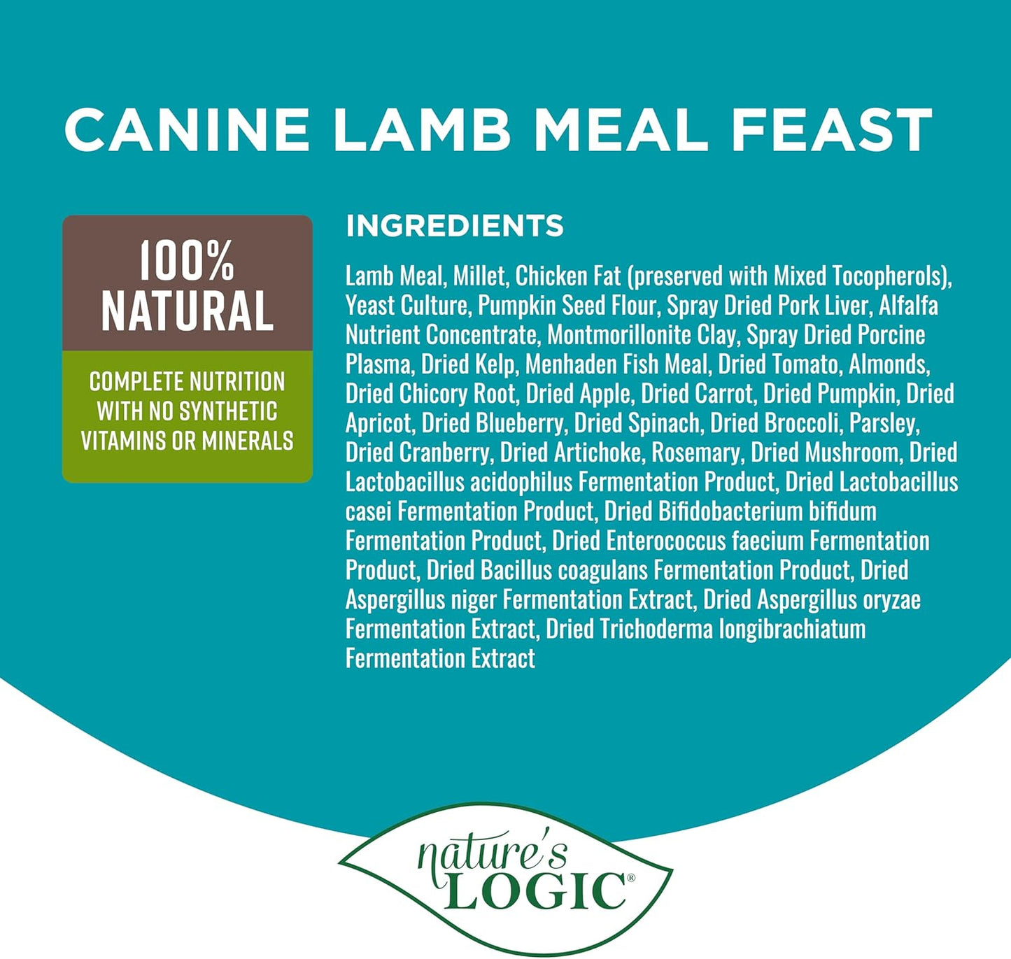 NATURE'S LOGIC Dry Dog Food - 100% Natural - No Synthetics - for All Ages, Sizes, Breeds - Free from Common Allergens, High Protein - Lamb Meal Feast, 25lbs