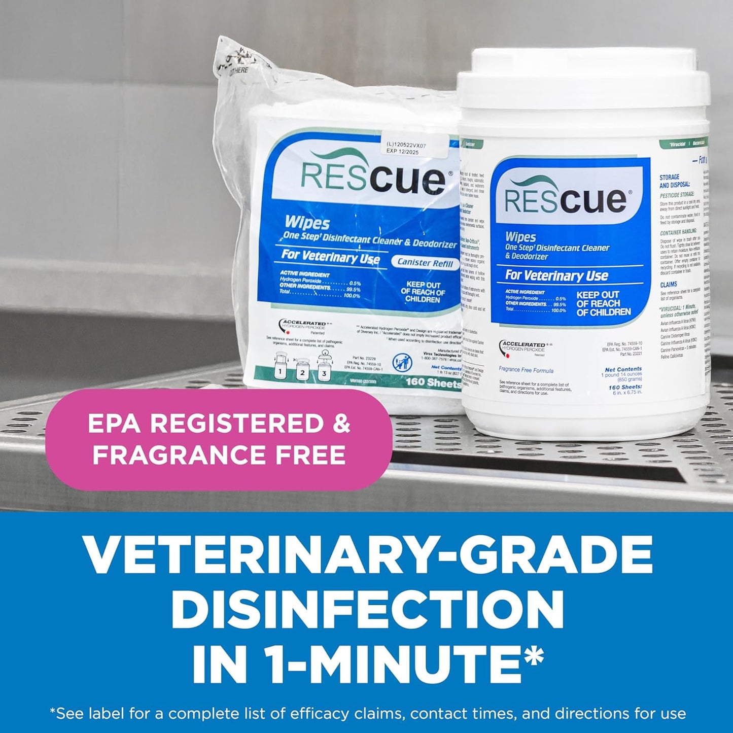 REScue One-Step Disinfectant Cleaner & Deodorizer Wipes for Vet Use – Cleaner for Kennels, Litter Boxes, Vet Offices, Pet Grooming Surfaces, Pet Boarding – Wipes Canister Refill, 160 Count (6 Pack)